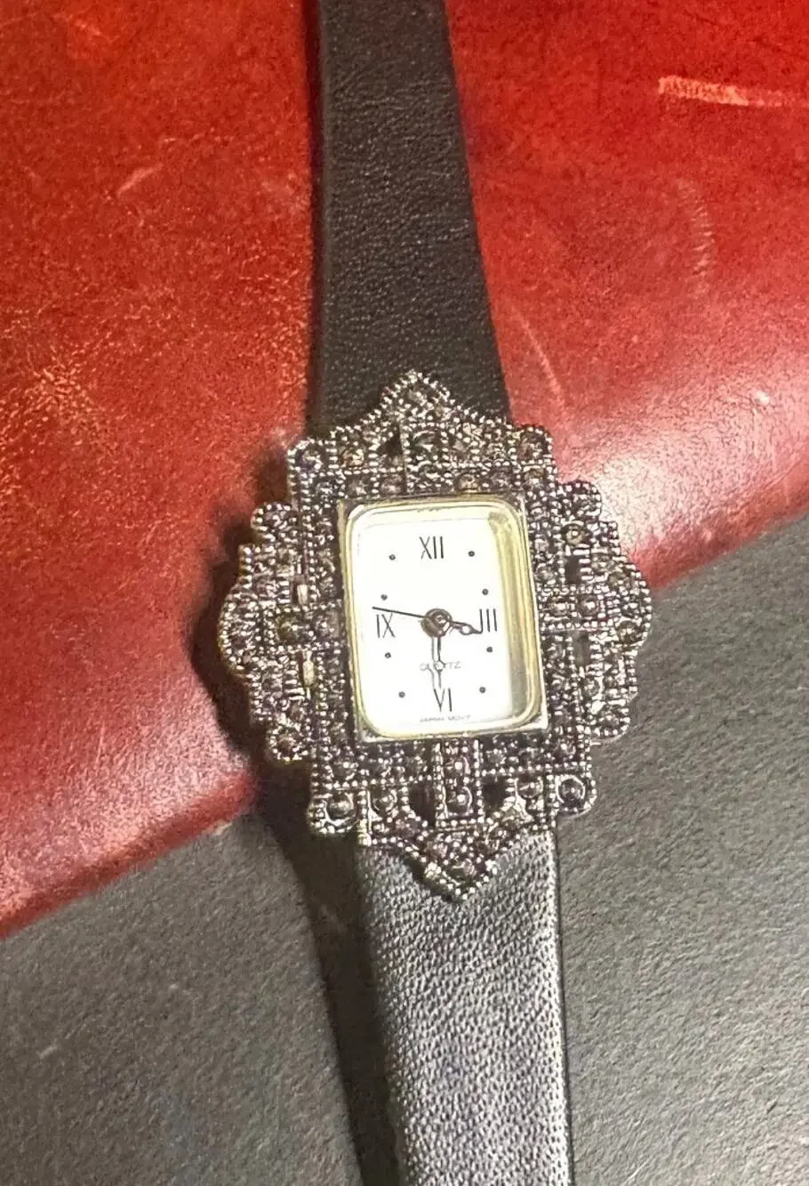 Women's Silver Tone Avon Watch, Art Deco Style, Black Leather Band